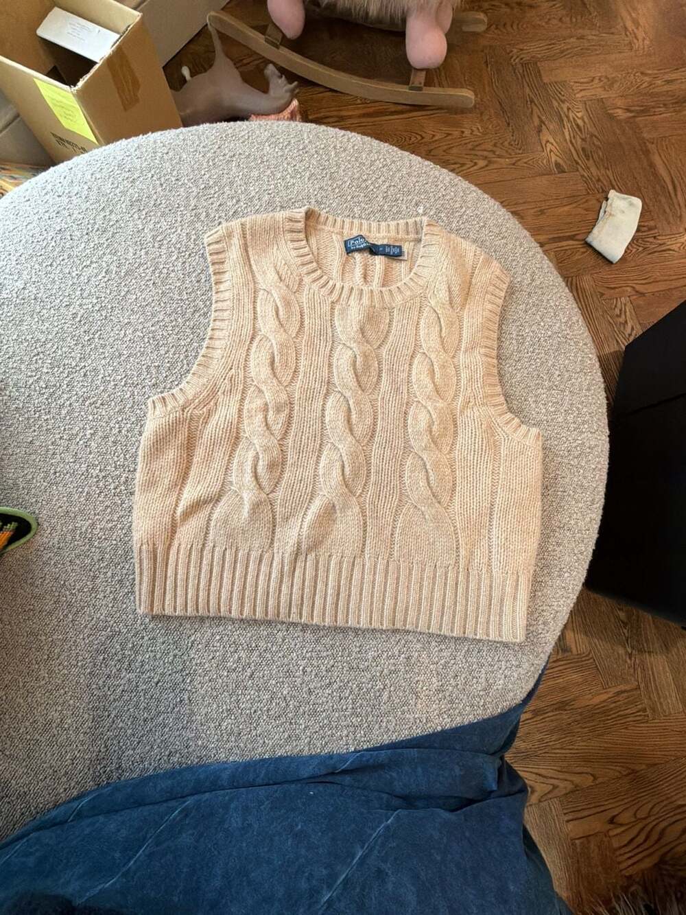 Polo Ralph Lauren Cropped Cable Wool-Cashmere Sweater Vest Oatmeal Beige Size M